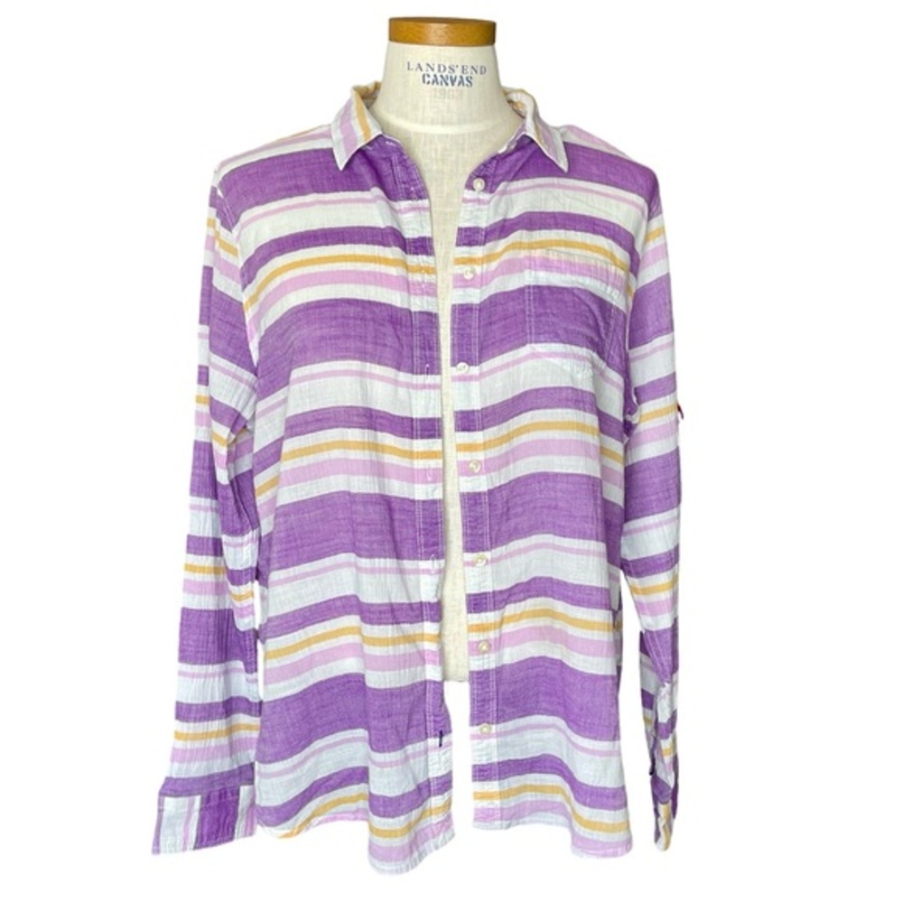 Stylus SzXL 100% Crinkle Cotton Striped Long Sleeve Button up Shirt White Purple